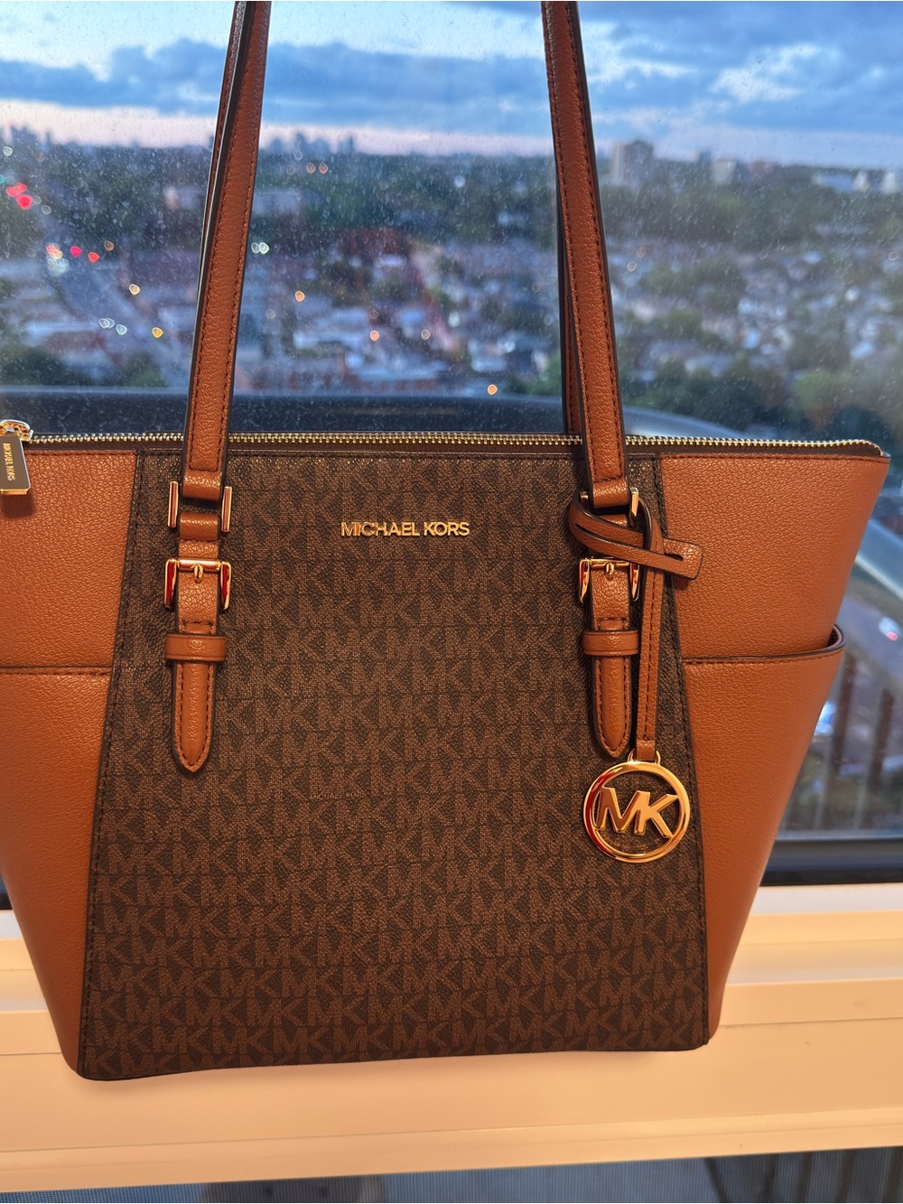 Michael Kors Brown Monogram and Leather Tote with Gold MK Charm